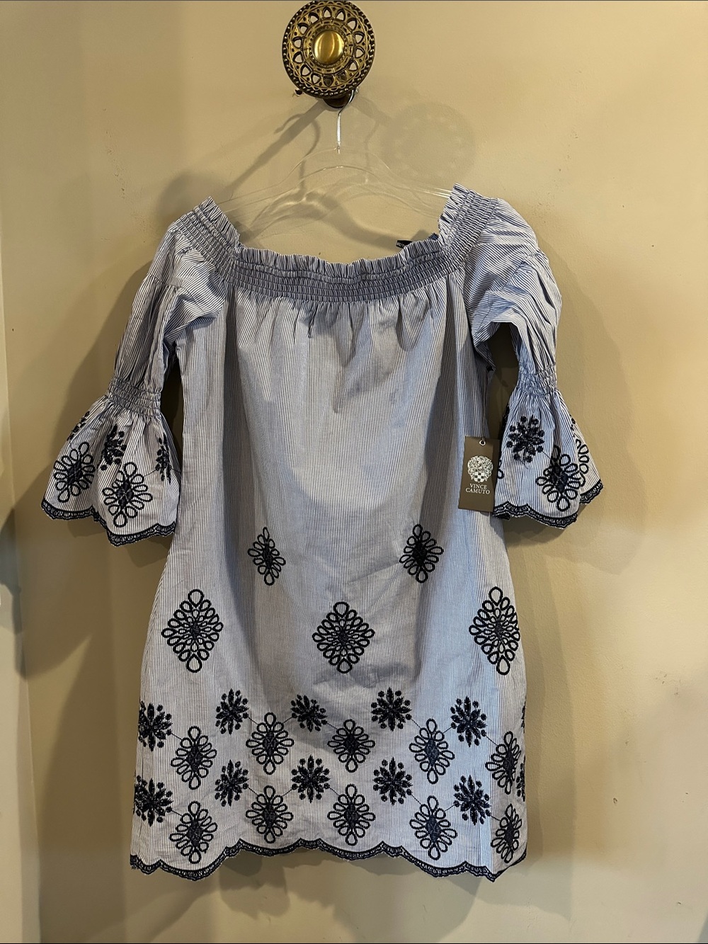 Vince Camuto White and Blue Off-Shoulder Dress with Navy Embroidery